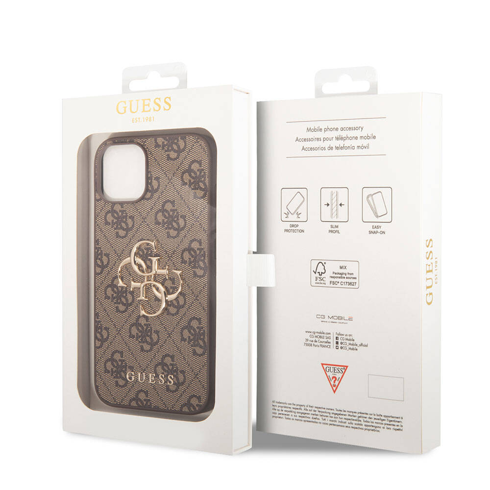 iPhone 15 Kılıf Guess Orijinal Lisanslı PU Deri Yazı ve 4G Metal Logolu Desenli Kılıf