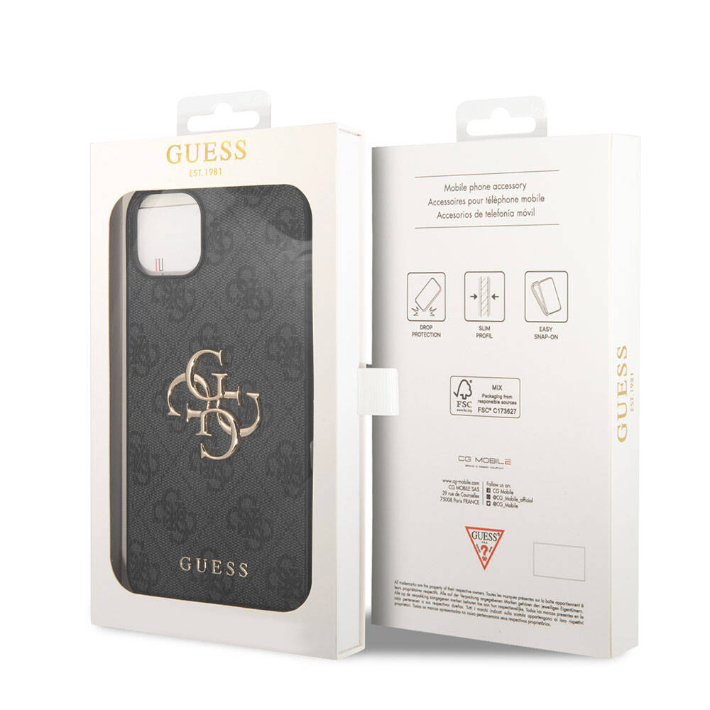 iPhone 15 Kılıf Guess Orijinal Lisanslı PU Deri Yazı ve 4G Metal Logolu Desenli Kılıf