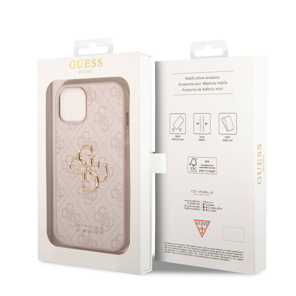 iPhone 15 Kılıf Guess Orijinal Lisanslı PU Deri Yazı ve 4G Metal Logolu Desenli Kılıf