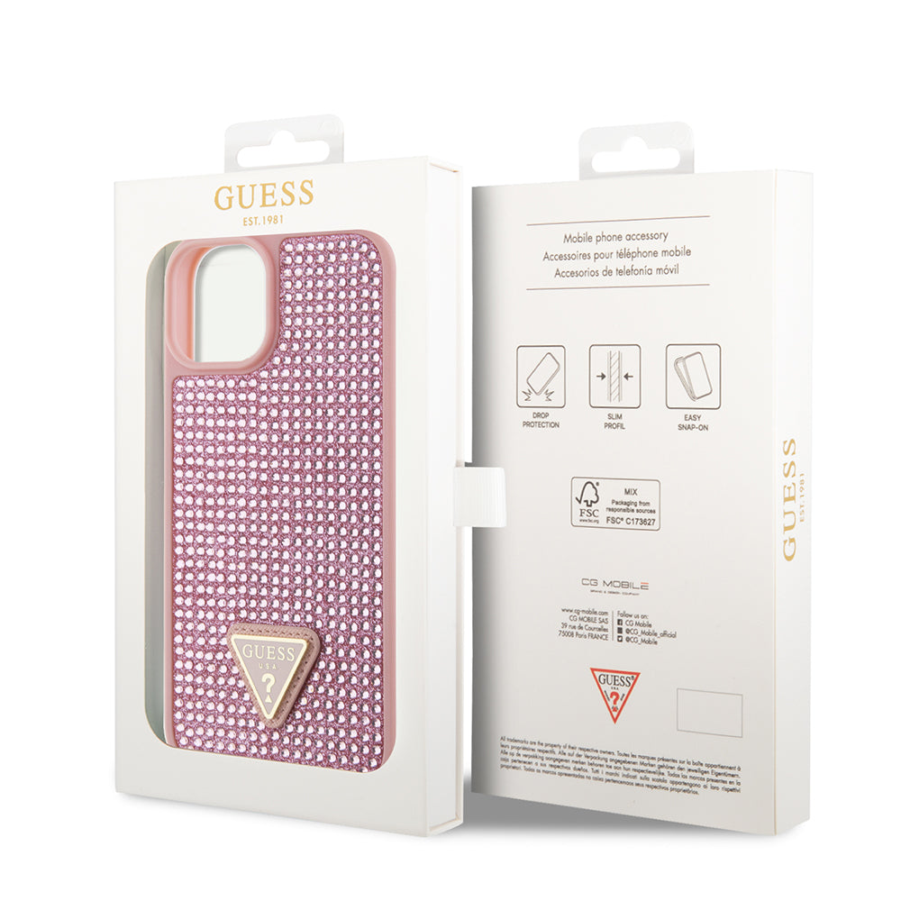 iPhone 15 Kılıf Guess Orijinal Lisanslı Taşlı Arka Yüzey Üçgen Logolu Kılıf
