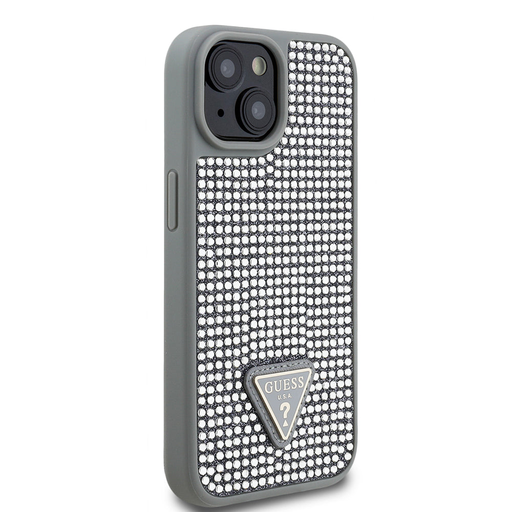 iPhone 15 Kılıf Guess Orijinal Lisanslı Taşlı Arka Yüzey Üçgen Logolu Kılıf