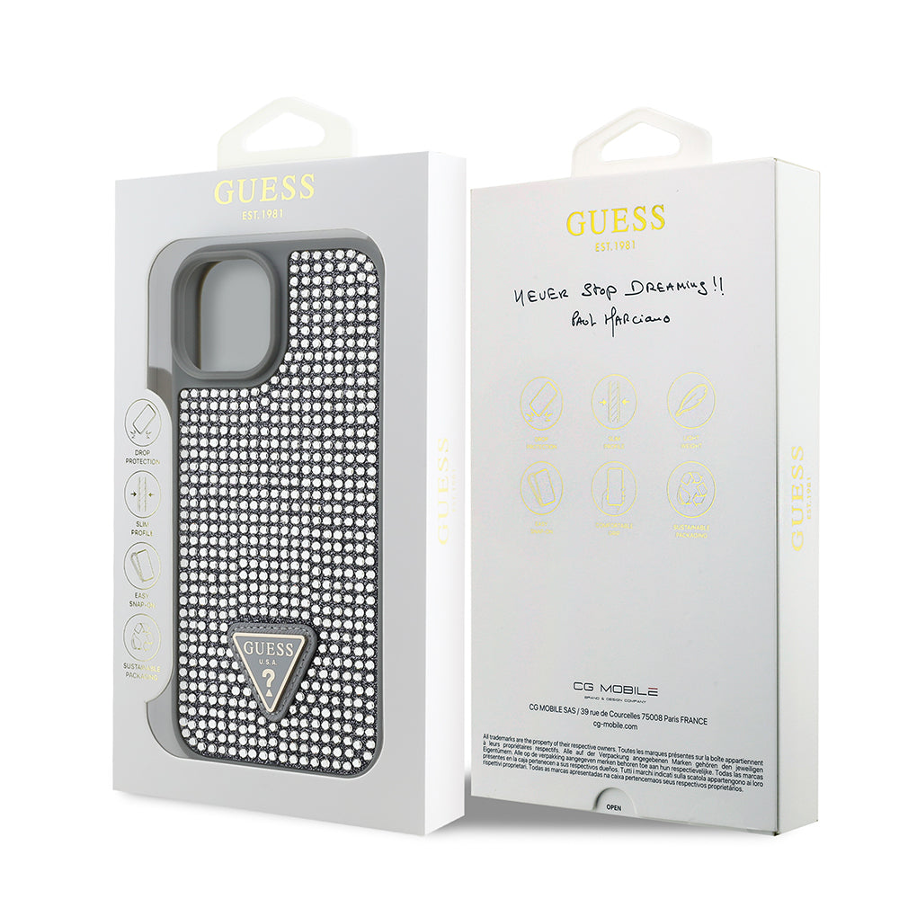 iPhone 15 Kılıf Guess Orijinal Lisanslı Taşlı Arka Yüzey Üçgen Logolu Kılıf