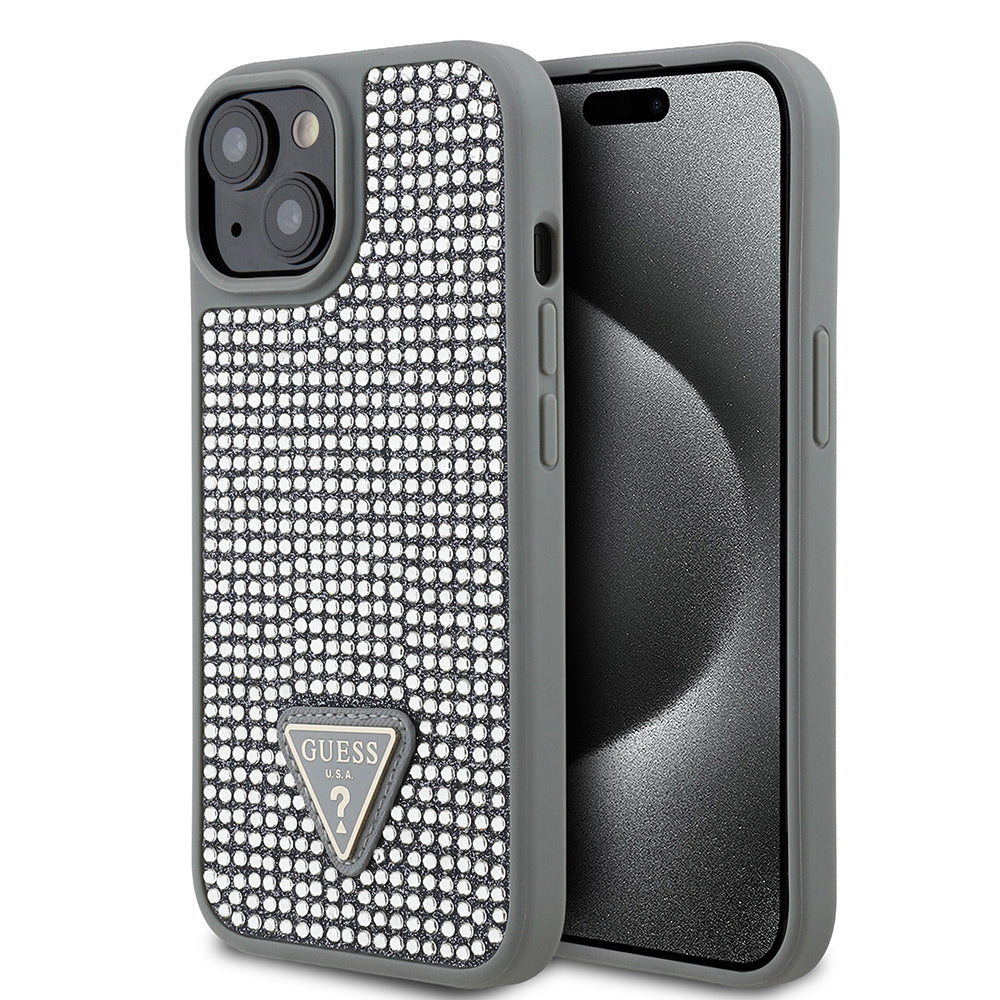 iPhone 15 Kılıf Guess Orijinal Lisanslı Taşlı Arka Yüzey Üçgen Logolu Kılıf