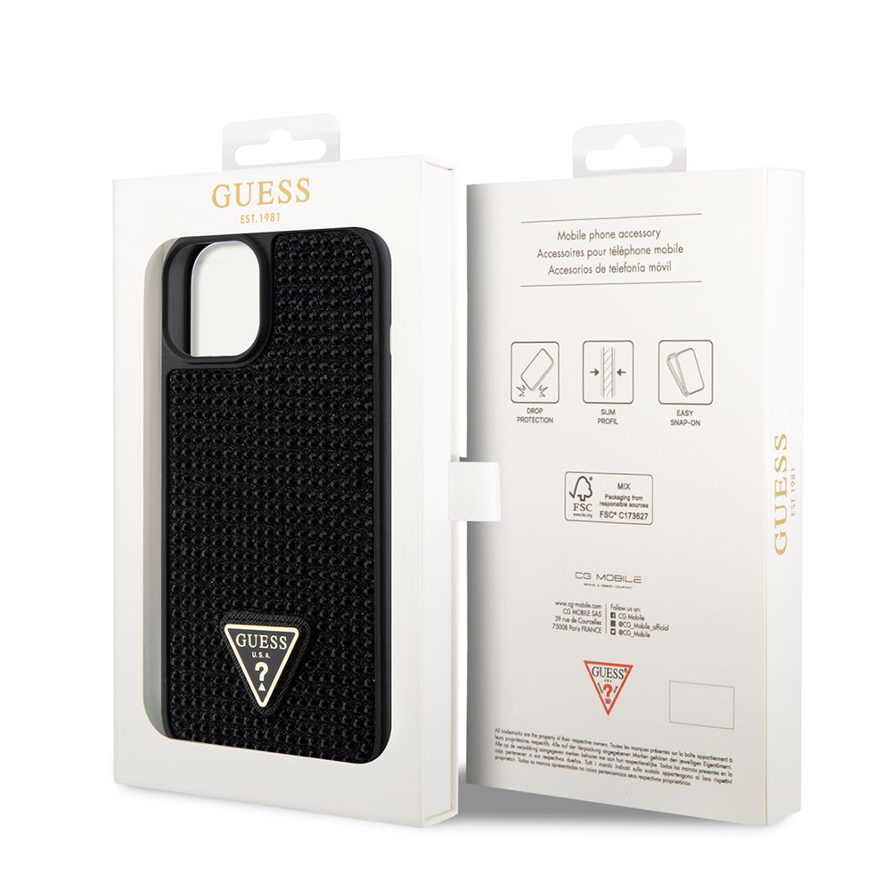 iPhone 15 Kılıf Guess Orijinal Lisanslı Taşlı Arka Yüzey Üçgen Logolu Kılıf