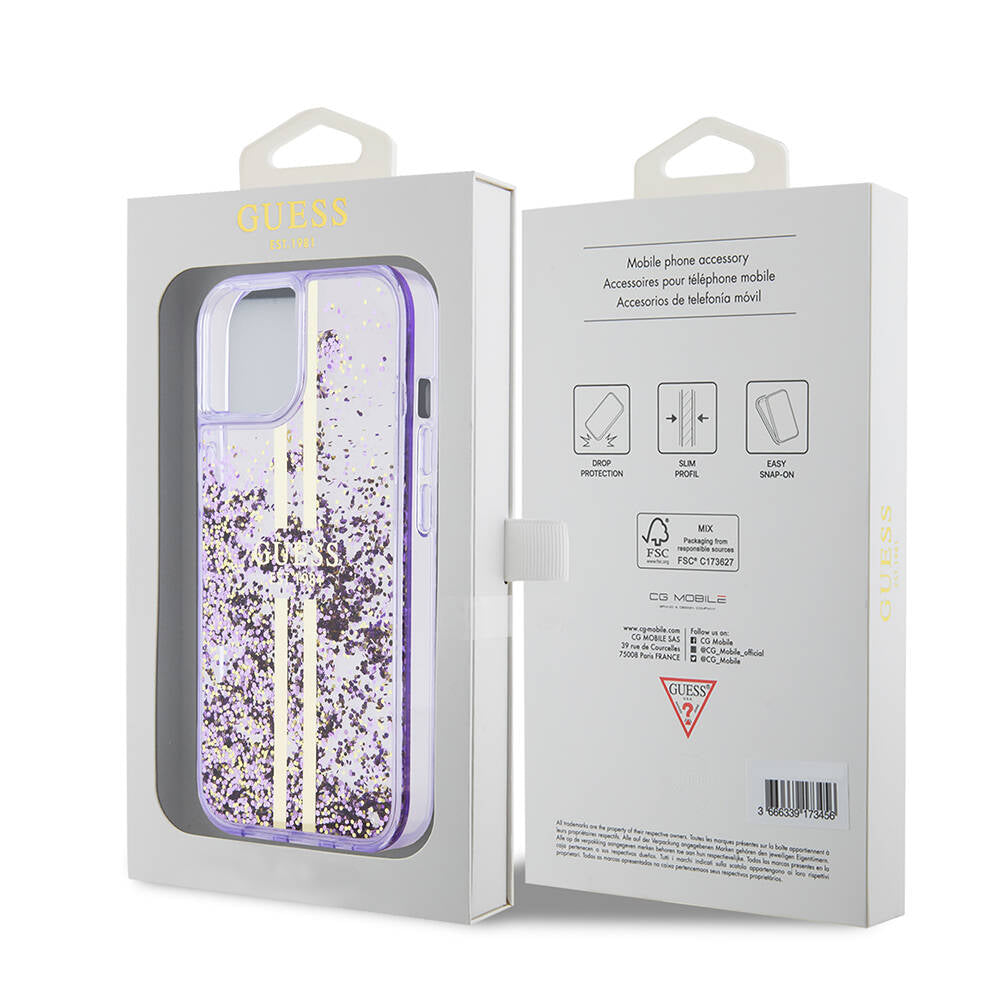 iPhone 15 Kılıf Guess Orijinal Lisanslı Transparan Sıvılı Simli Altın Çizgili Kılıf