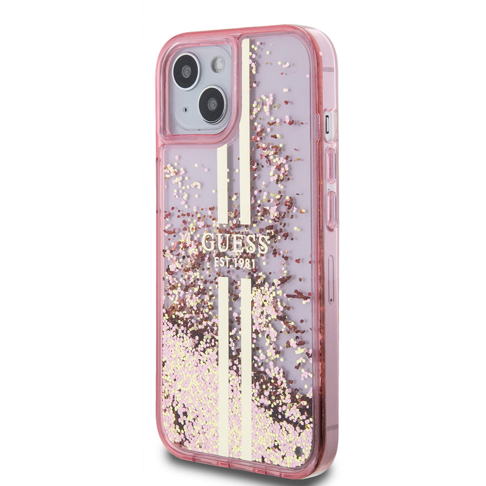 iPhone 15 Kılıf Guess Orijinal Lisanslı Transparan Sıvılı Simli Altın Çizgili Kılıf