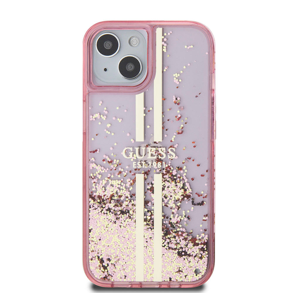 iPhone 15 Kılıf Guess Orijinal Lisanslı Transparan Sıvılı Simli Altın Çizgili Kılıf