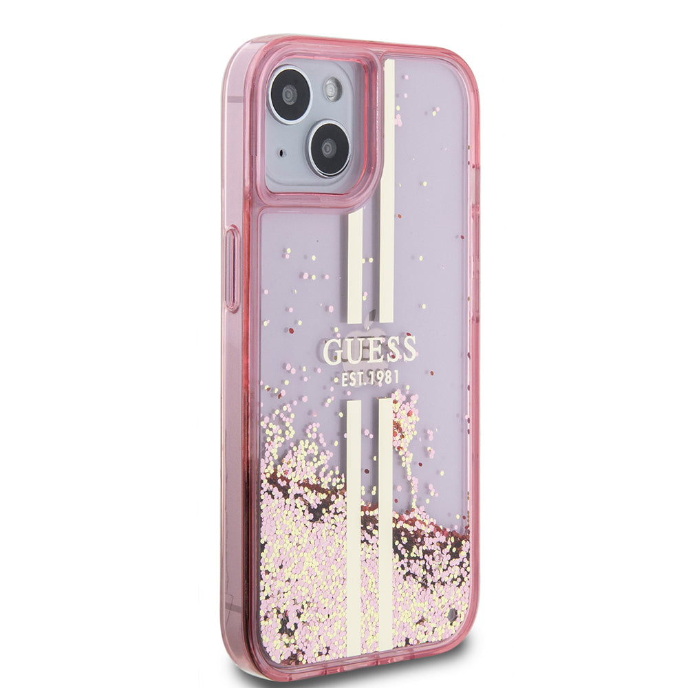 iPhone 15 Kılıf Guess Orijinal Lisanslı Transparan Sıvılı Simli Altın Çizgili Kılıf