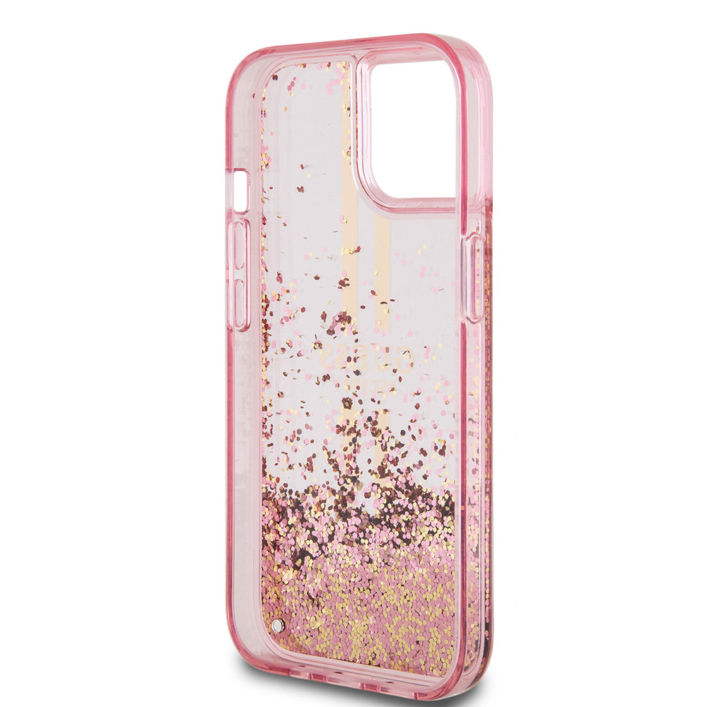 iPhone 15 Kılıf Guess Orijinal Lisanslı Transparan Sıvılı Simli Altın Çizgili Kılıf