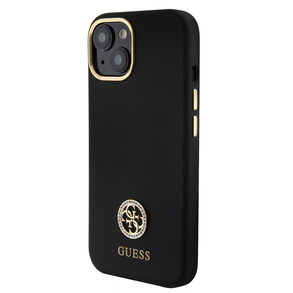 iPhone 15 Kılıf Guess Orijinal Lisanslı Yazı ve Taşlı 4G Logolu Metal Kamera Çerçeveli Silikon Kılıf