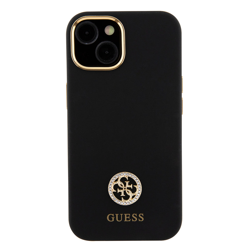 iPhone 15 Kılıf Guess Orijinal Lisanslı Yazı ve Taşlı 4G Logolu Metal Kamera Çerçeveli Silikon Kılıf