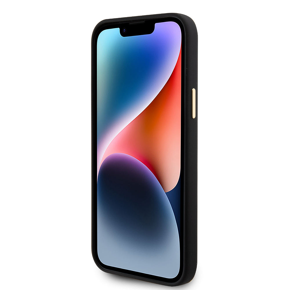 iPhone 15 Kılıf Guess Orijinal Lisanslı Yazı ve Taşlı 4G Logolu Metal Kamera Çerçeveli Silikon Kılıf