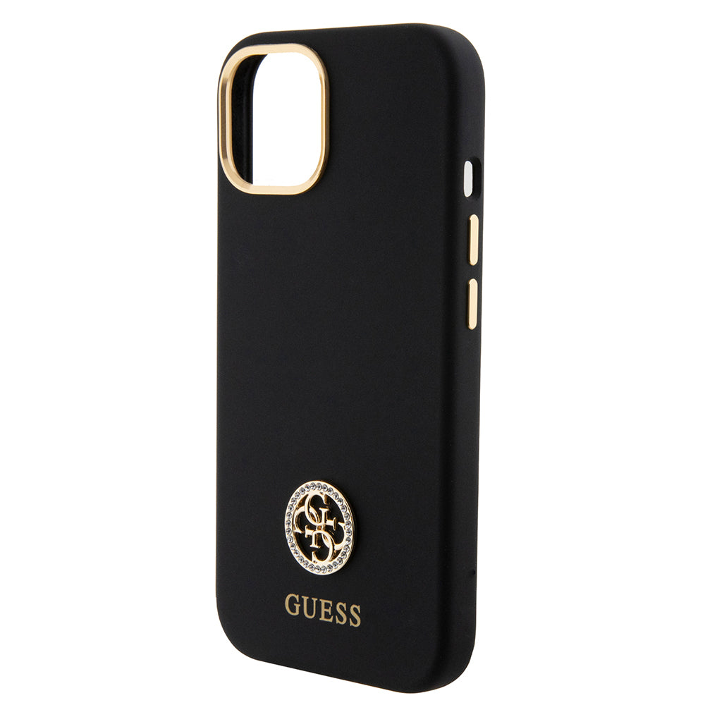 iPhone 15 Kılıf Guess Orijinal Lisanslı Yazı ve Taşlı 4G Logolu Metal Kamera Çerçeveli Silikon Kılıf