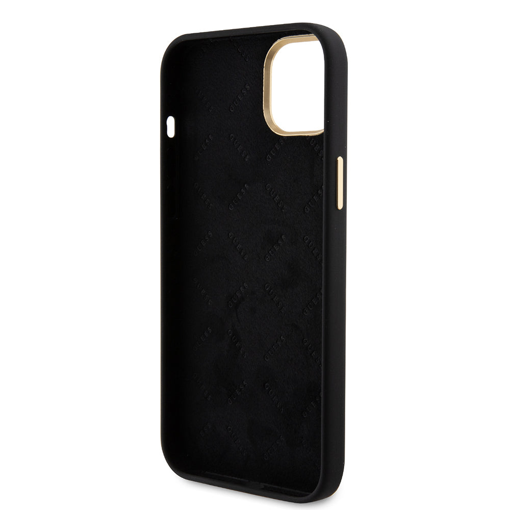 iPhone 15 Kılıf Guess Orijinal Lisanslı Yazı ve Taşlı 4G Logolu Metal Kamera Çerçeveli Silikon Kılıf