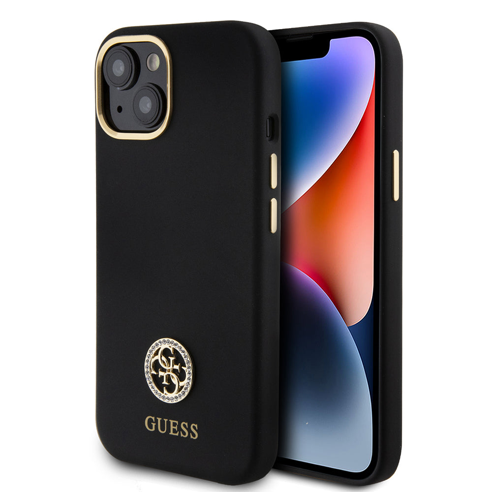 iPhone 15 Kılıf Guess Orijinal Lisanslı Yazı ve Taşlı 4G Logolu Metal Kamera Çerçeveli Silikon Kılıf