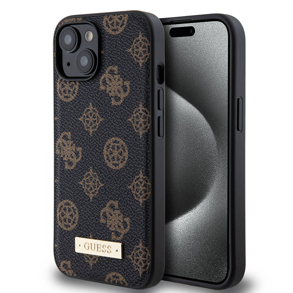 iPhone 15 Kılıf Guess M-safe Şarj Özellikli PU Deri Desenli Metal Plaka Logolu Kılıf