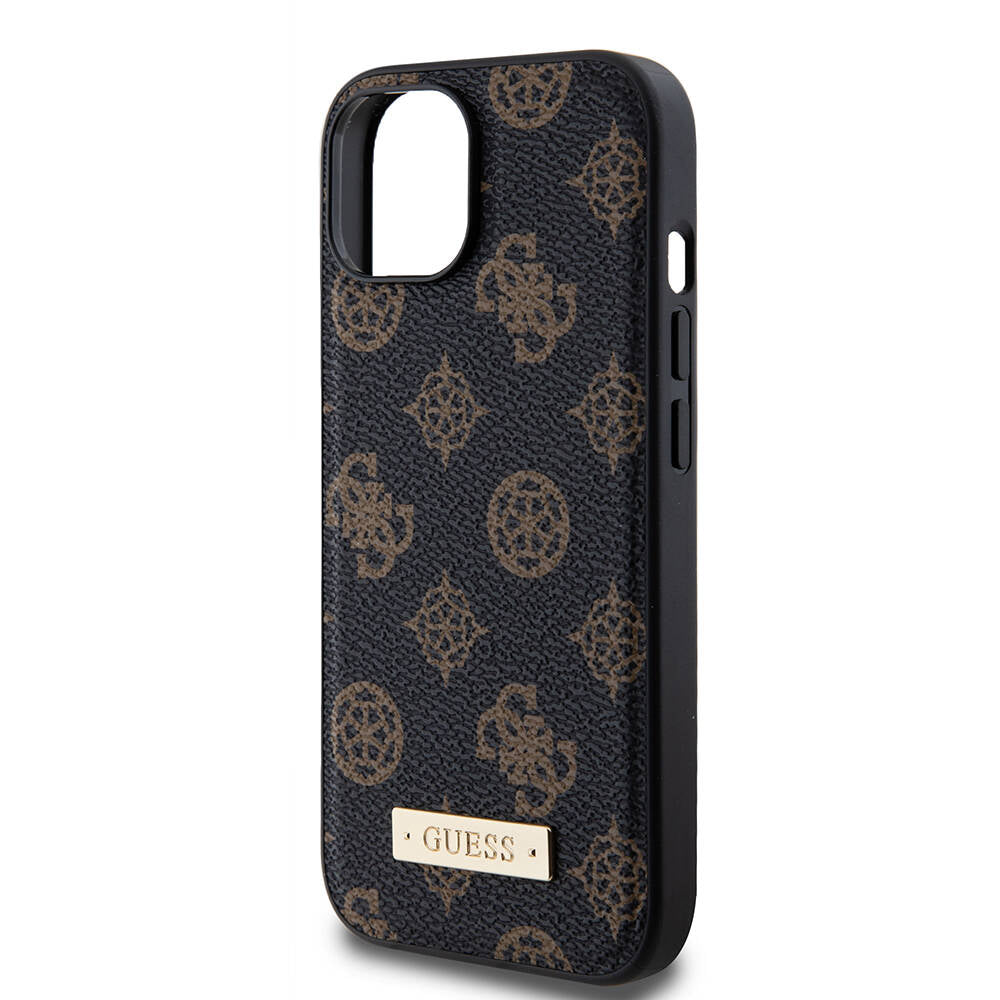 iPhone 15 Kılıf Guess M-safe Şarj Özellikli PU Deri Desenli Metal Plaka Logolu Kılıf
