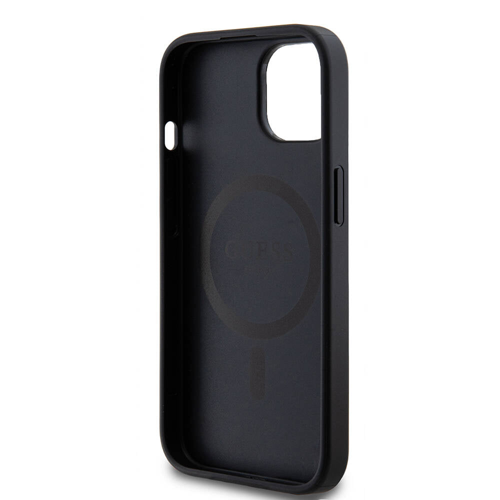 iPhone 15 Kılıf Guess M-safe Şarj Özellikli PU Deri Desenli Metal Plaka Logolu Kılıf