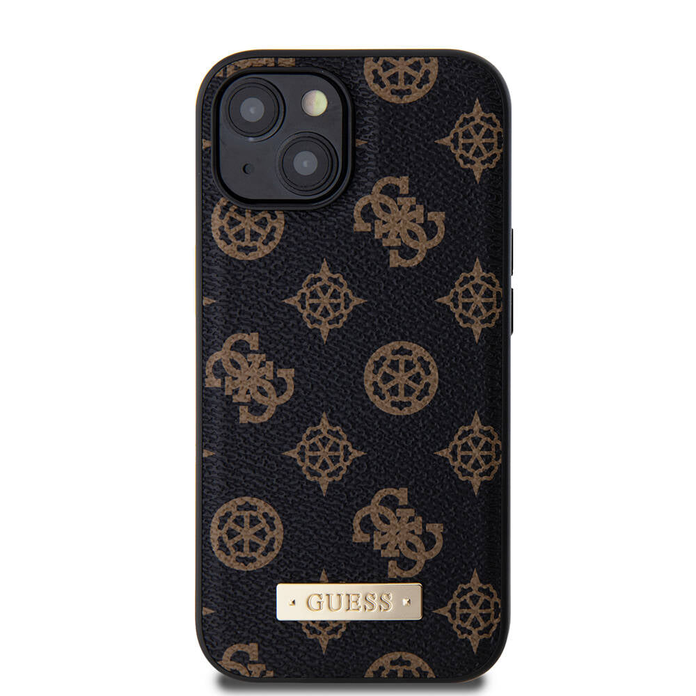 iPhone 15 Kılıf Guess M-safe Şarj Özellikli PU Deri Desenli Metal Plaka Logolu Kılıf