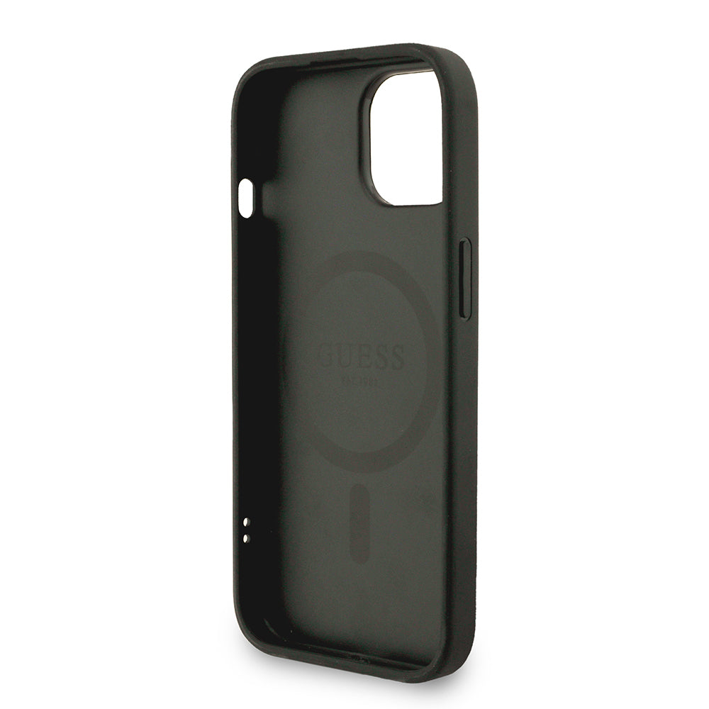 iPhone 15 Kılıf Guess orijinal Lisanslı M-safe Şarj Özellikli PU Deri Bilek Askı İpli Yazı Logolu Kılıf
