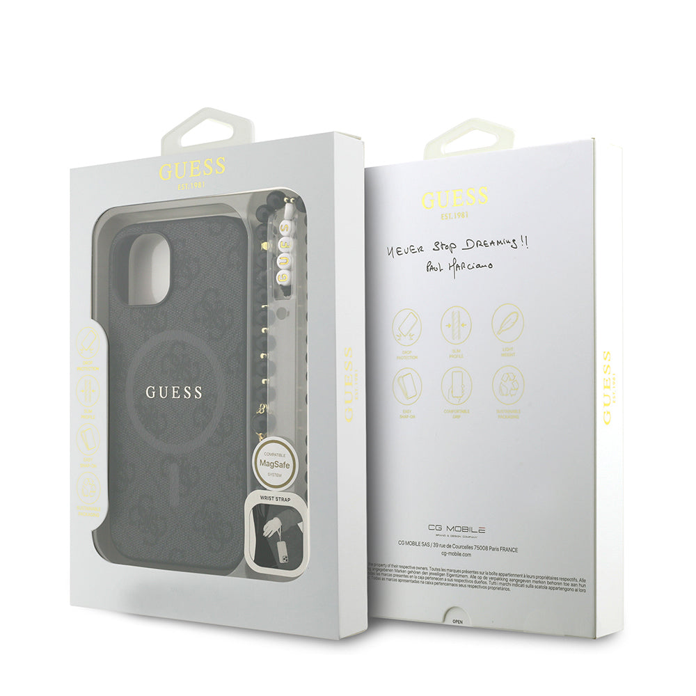 iPhone 15 Kılıf Guess orijinal Lisanslı M-safe Şarj Özellikli PU Deri Bilek Askı İpli Yazı Logolu Kılıf