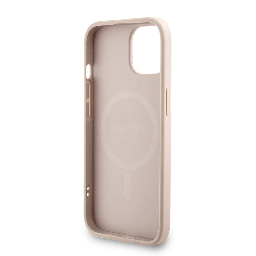 iPhone 15 Kılıf Guess orijinal Lisanslı M-safe Şarj Özellikli PU Deri Bilek Askı İpli Yazı Logolu Kılıf