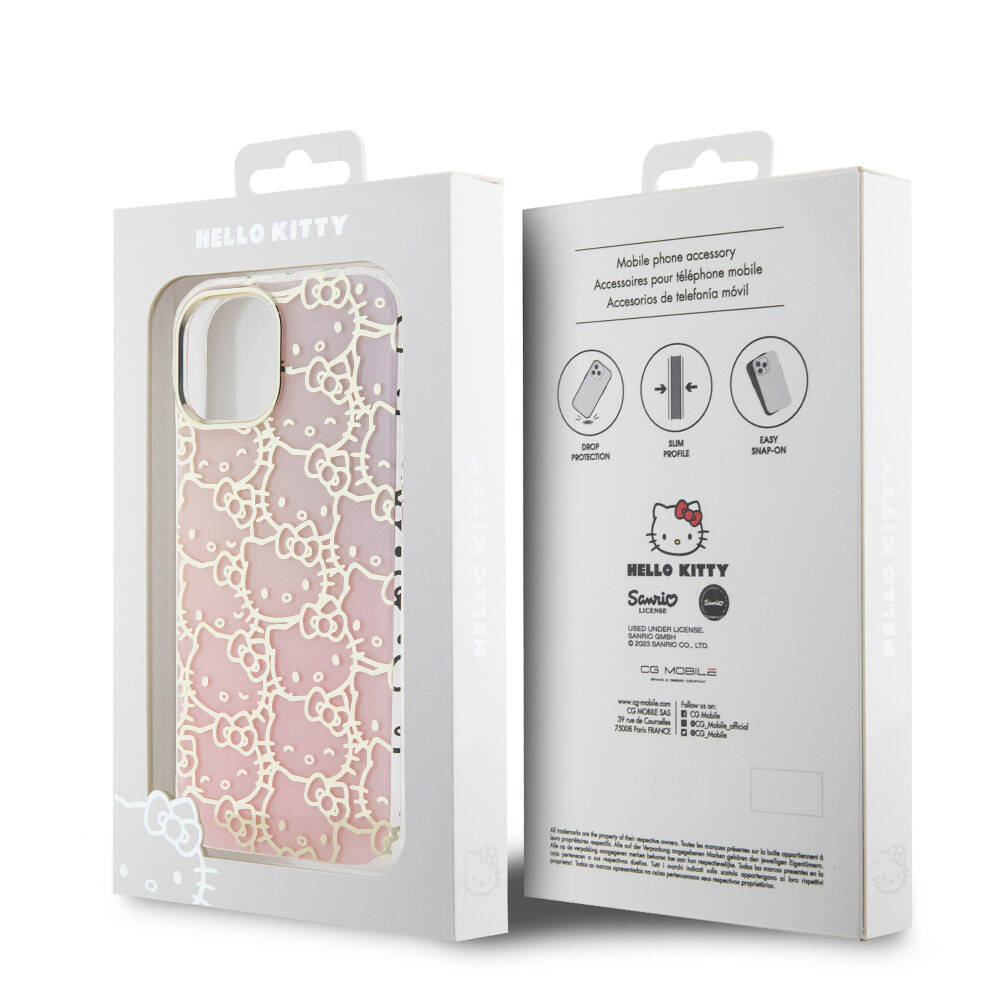 iPhone 15 Kılıf Hello Kitty Orijinal Lisanslı Renk Geçişli Elektroplating Kaplama Kitty Head Desenli Kılıf