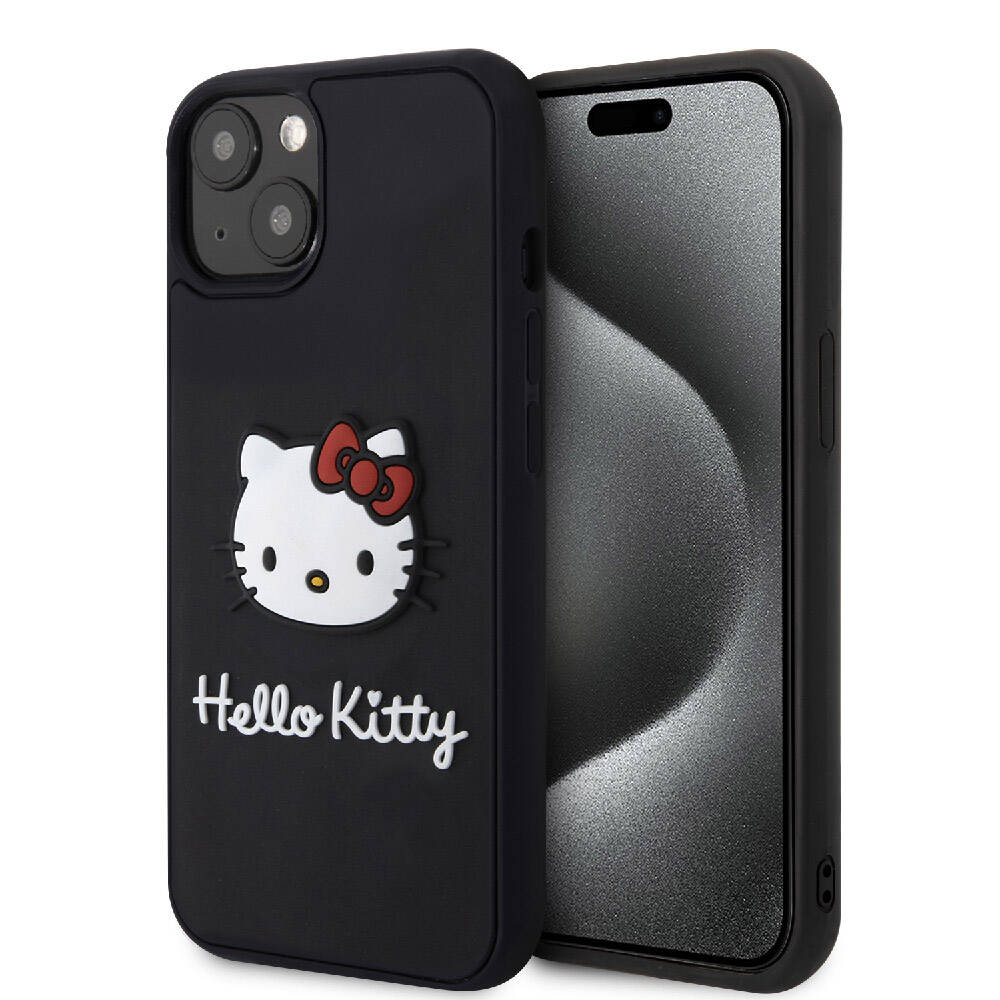 iPhone 15 Kılıf Hello Kitty Orijinal Lisanslı Yazı ve İkonik Logolu 3D Rubber Kitty Head Kılıf