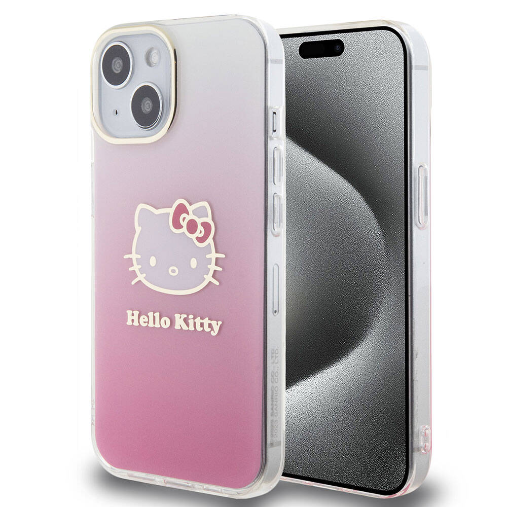 iPhone 15 Kılıf Hello Kitty Orijinal Lisanslı Yazı ve İkonik Logolu Elektroplating Kaplama Gradyan Kılıf