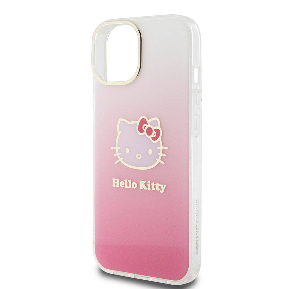iPhone 15 Kılıf Hello Kitty Orijinal Lisanslı Yazı ve İkonik Logolu Elektroplating Kaplama Gradyan Kılıf