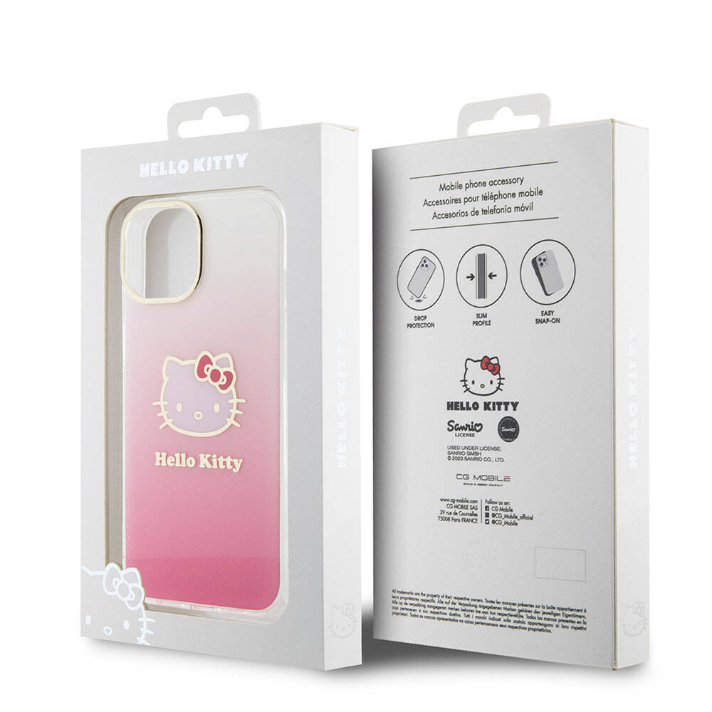 iPhone 15 Kılıf Hello Kitty Orijinal Lisanslı Yazı ve İkonik Logolu Elektroplating Kaplama Gradyan Kılıf