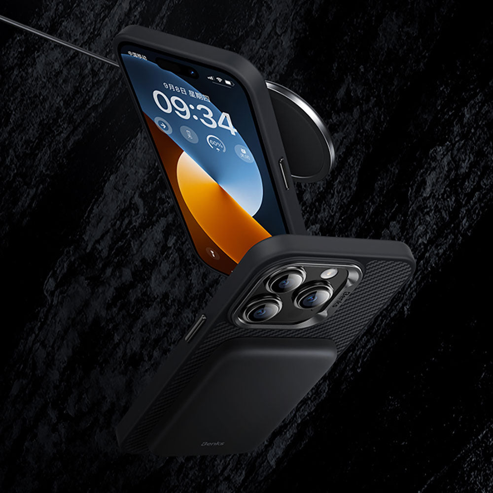 iPhone 15 Kılıf Karbon Fiber M-safe Şarj Özellikli Benks Hybrid ArmorPro 600D Kevlar Kılıf