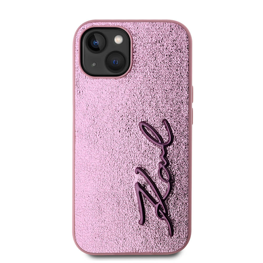 iPhone 15 Kılıf Karl Lagerfeld Orijinal Lisanslı 3D KL Yazılı Tüylü Arka Yüzey Saffiano Rhinestones Kılıf