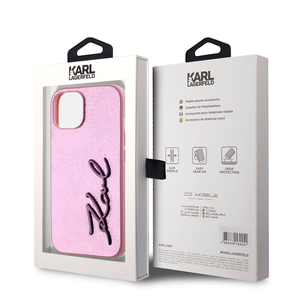 iPhone 15 Kılıf Karl Lagerfeld Orijinal Lisanslı 3D KL Yazılı Tüylü Arka Yüzey Saffiano Rhinestones Kılıf