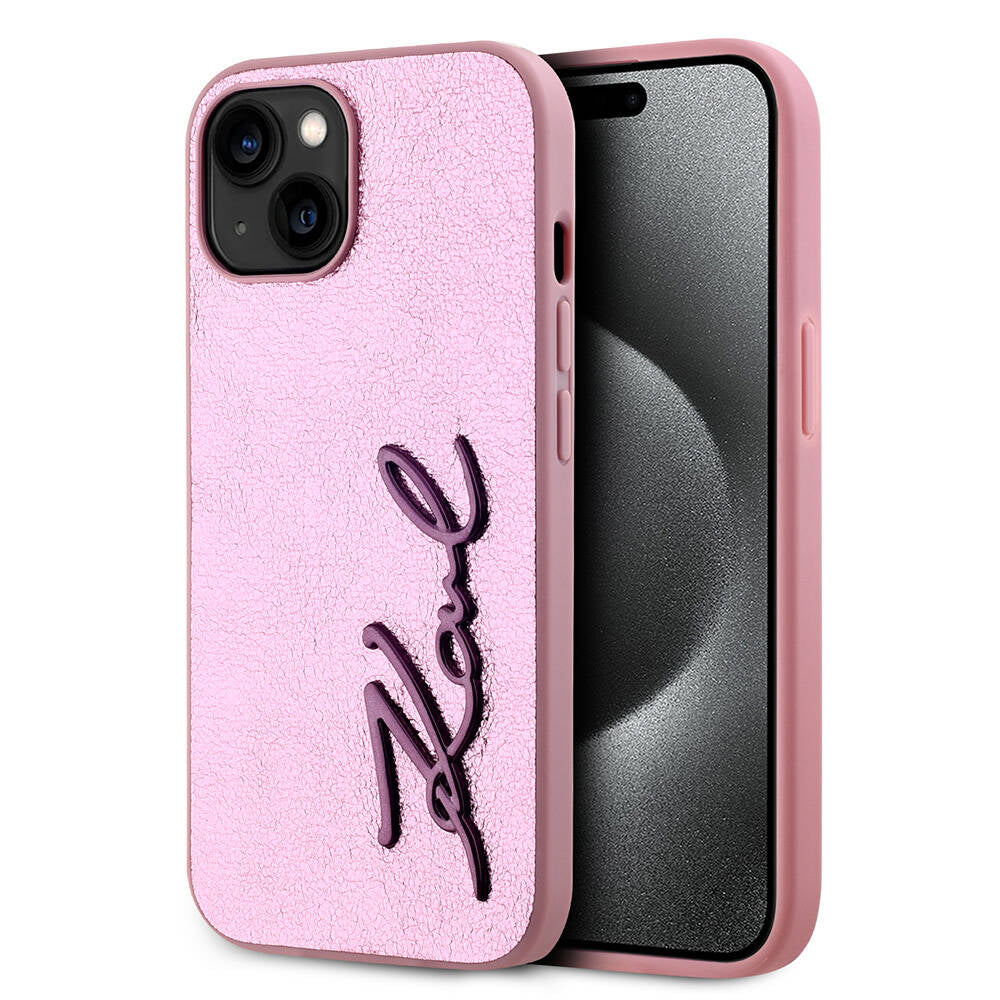 iPhone 15 Kılıf Karl Lagerfeld Orijinal Lisanslı 3D KL Yazılı Tüylü Arka Yüzey Saffiano Rhinestones Kılıf