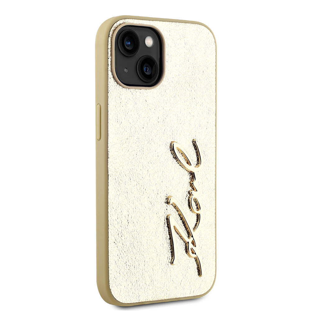 iPhone 15 Kılıf Karl Lagerfeld Orijinal Lisanslı 3D KL Yazılı Tüylü Arka Yüzey Saffiano Rhinestones Kılıf