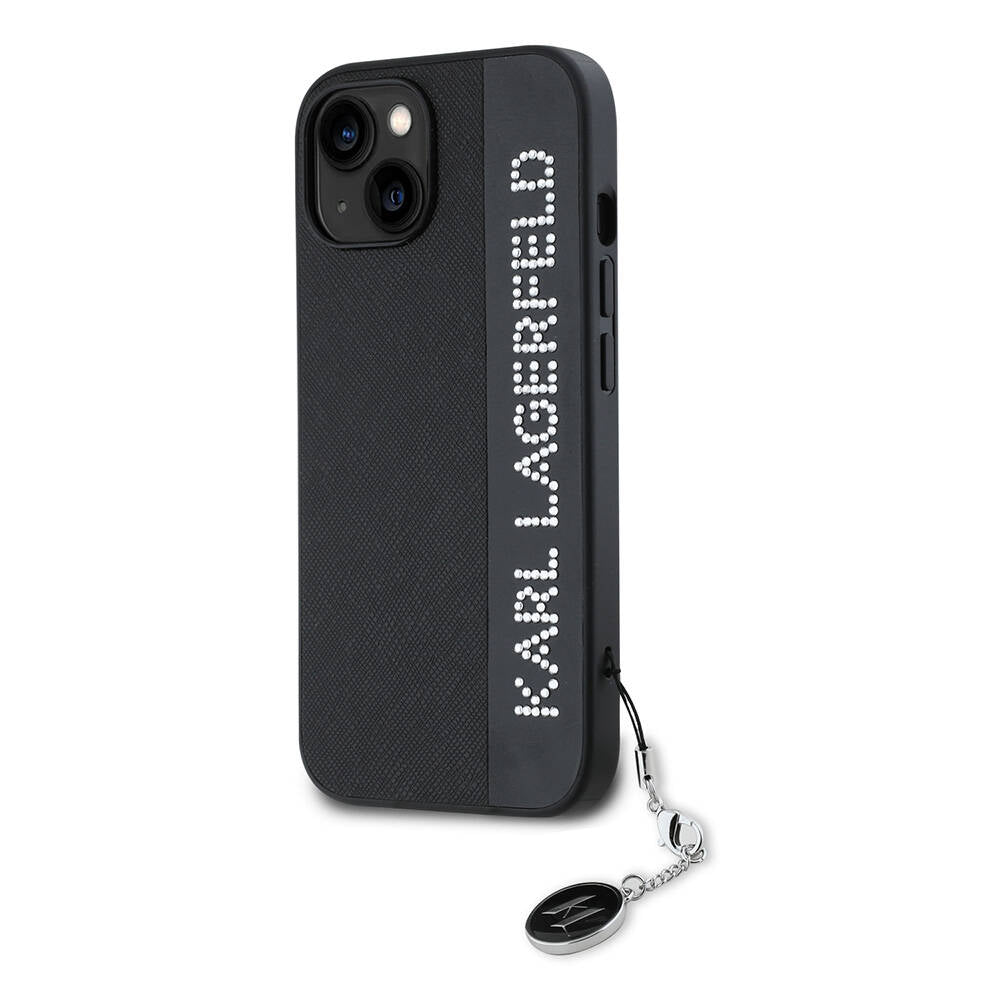 iPhone 15 Kılıf Karl Lagerfeld Orijinal Lisanslı Anahtarlıklı Taşlı KL Yazılı Saffiano Rhinestones Kılıf