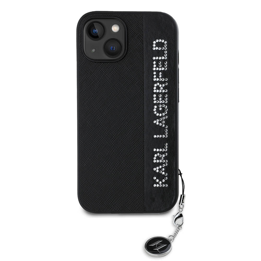 iPhone 15 Kılıf Karl Lagerfeld Orijinal Lisanslı Anahtarlıklı Taşlı KL Yazılı Saffiano Rhinestones Kılıf