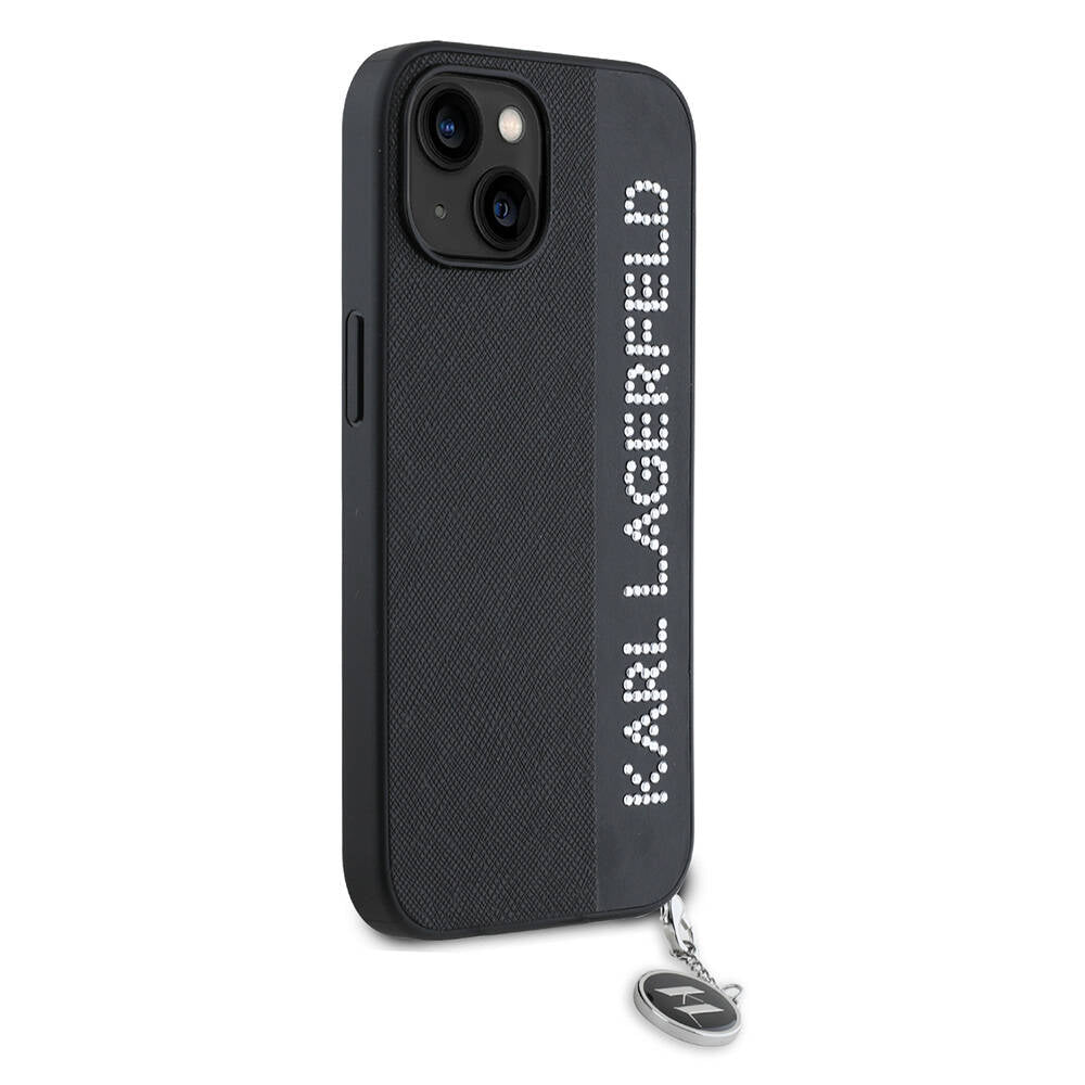 iPhone 15 Kılıf Karl Lagerfeld Orijinal Lisanslı Anahtarlıklı Taşlı KL Yazılı Saffiano Rhinestones Kılıf