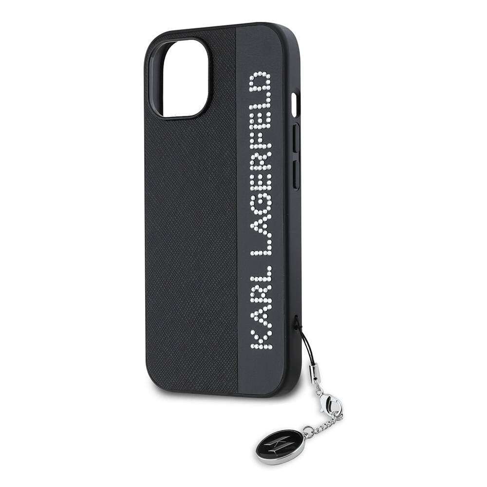iPhone 15 Kılıf Karl Lagerfeld Orijinal Lisanslı Anahtarlıklı Taşlı KL Yazılı Saffiano Rhinestones Kılıf