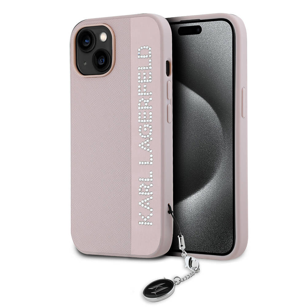 iPhone 15 Kılıf Karl Lagerfeld Orijinal Lisanslı Anahtarlıklı Taşlı KL Yazılı Saffiano Rhinestones Kılıf