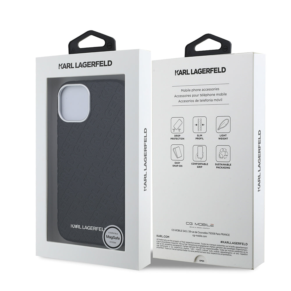 iPhone 15 Kılıf Karl Lagerfeld Orijinal Lisanslı PU Deri Damgalı Metal Yazı Logolu Kılıf
