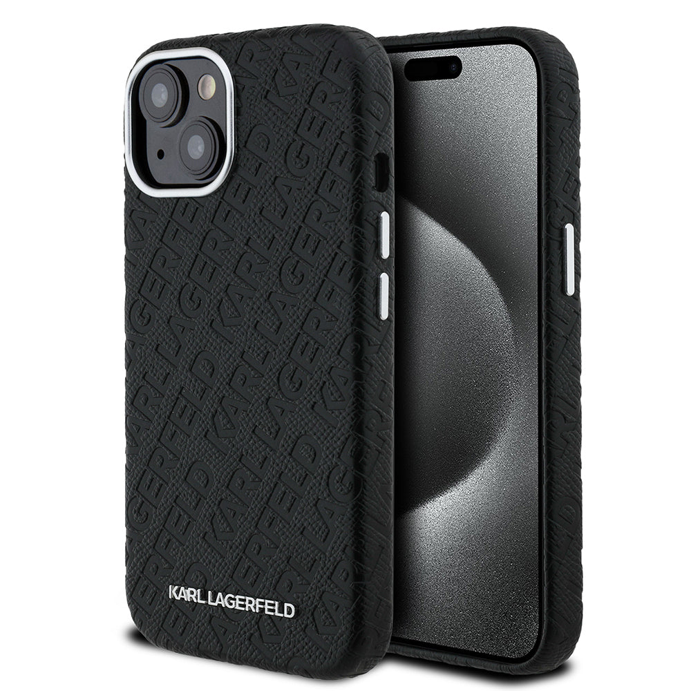 iPhone 15 Kılıf Karl Lagerfeld Orijinal Lisanslı PU Deri Damgalı Metal Yazı Logolu Kılıf
