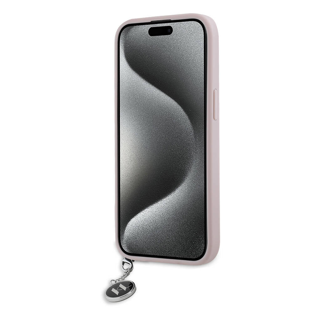 iPhone 15 Kılıf Karl Lagerfeld orijinal Lisanslı Anahtarlıklı Taşlı KL Yazılı Saffiano Rhinestones Kılıf