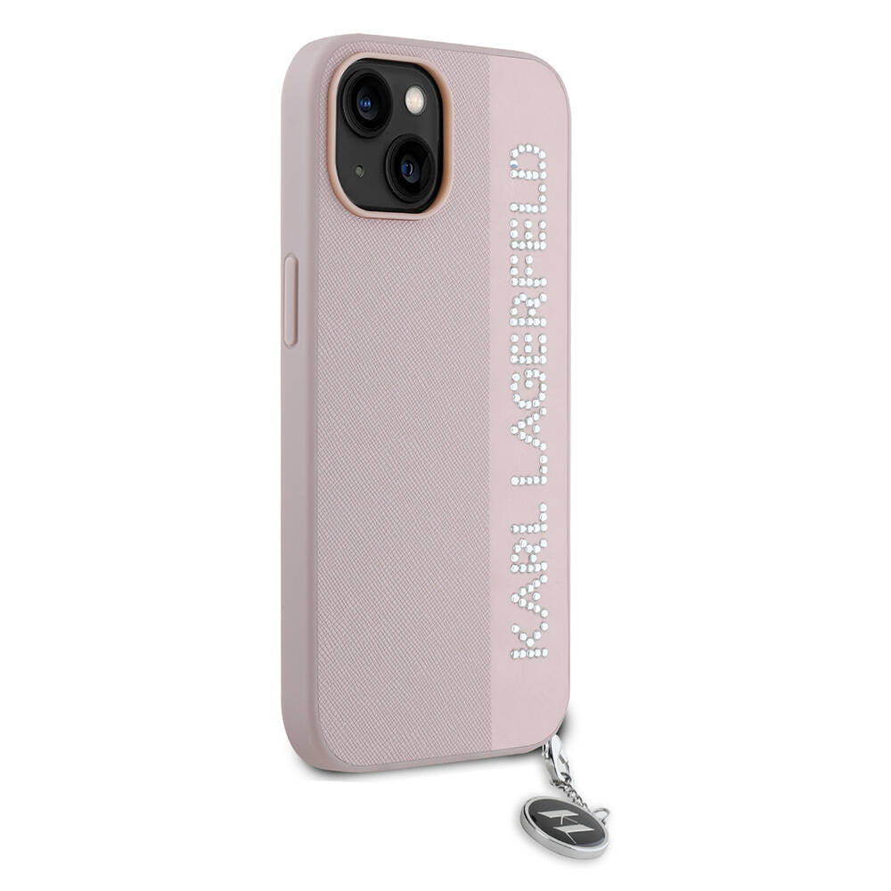 iPhone 15 Kılıf Karl Lagerfeld orijinal Lisanslı Anahtarlıklı Taşlı KL Yazılı Saffiano Rhinestones Kılıf
