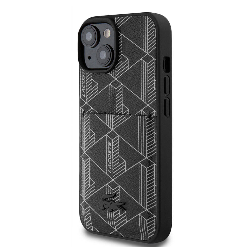 iPhone 15 Kılıf Lacoste Orijinal Lisanslı M-safe Şarj Özellikli PU Deri Görünümlü Kartlıklı Karışık Monogram Desenli Kılıf