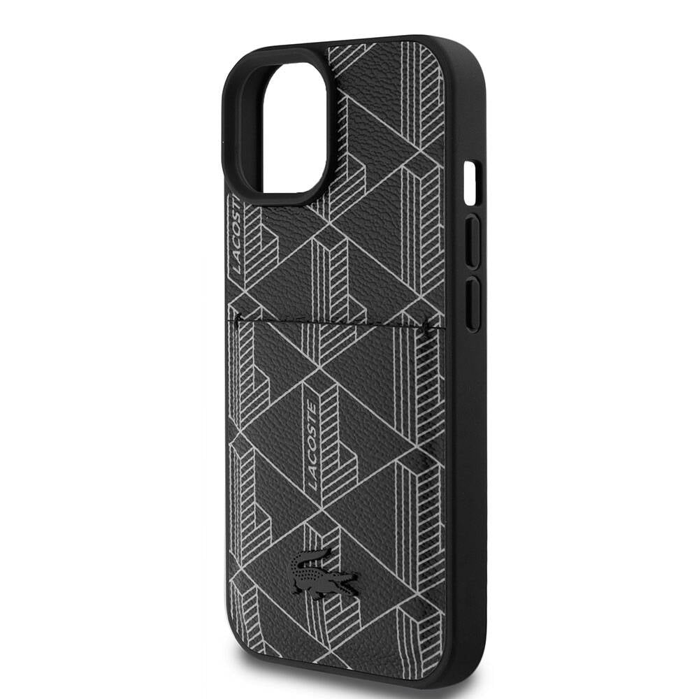 iPhone 15 Kılıf Lacoste Orijinal Lisanslı M-safe Şarj Özellikli PU Deri Görünümlü Kartlıklı Karışık Monogram Desenli Kılıf