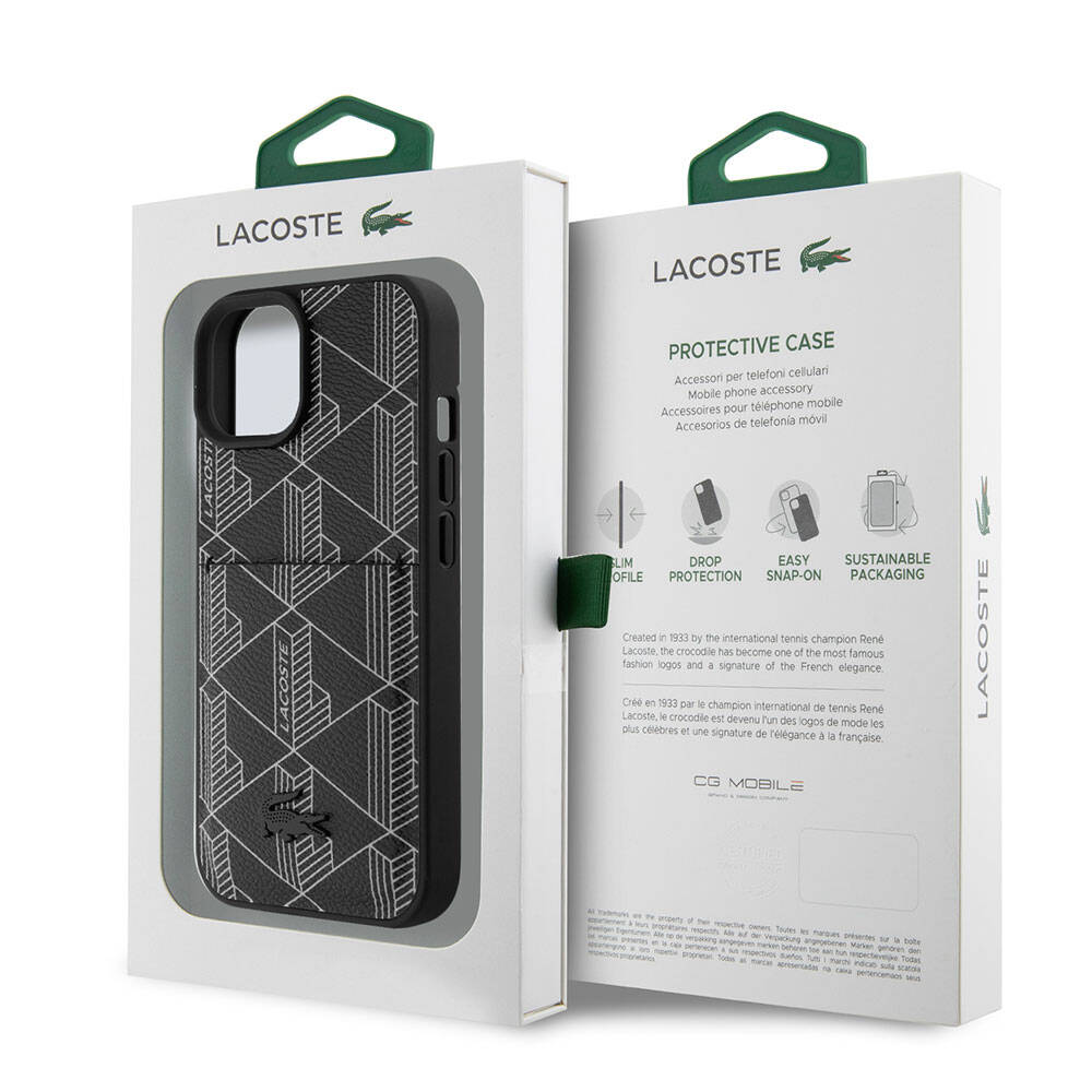 iPhone 15 Kılıf Lacoste Orijinal Lisanslı M-safe Şarj Özellikli PU Deri Görünümlü Kartlıklı Karışık Monogram Desenli Kılıf