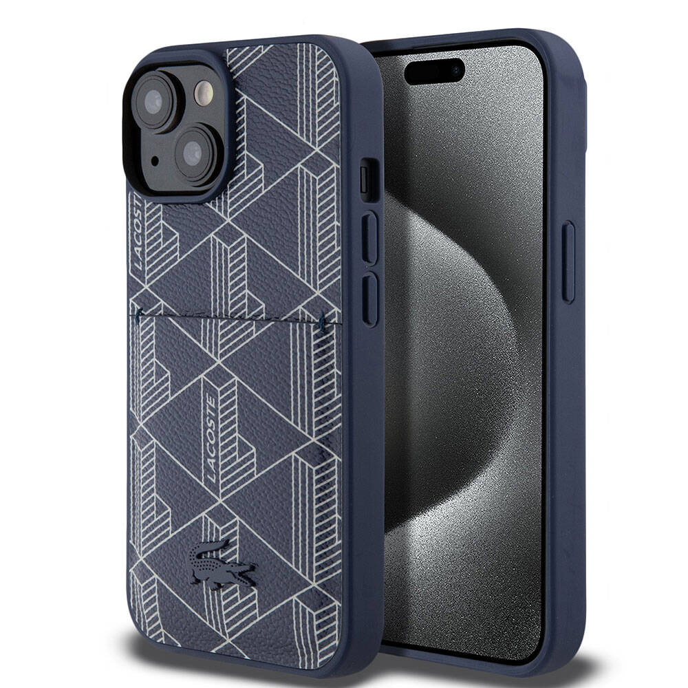 iPhone 15 Kılıf Lacoste Orijinal Lisanslı M-safe Şarj Özellikli PU Deri Görünümlü Kartlıklı Karışık Monogram Desenli Kılıf