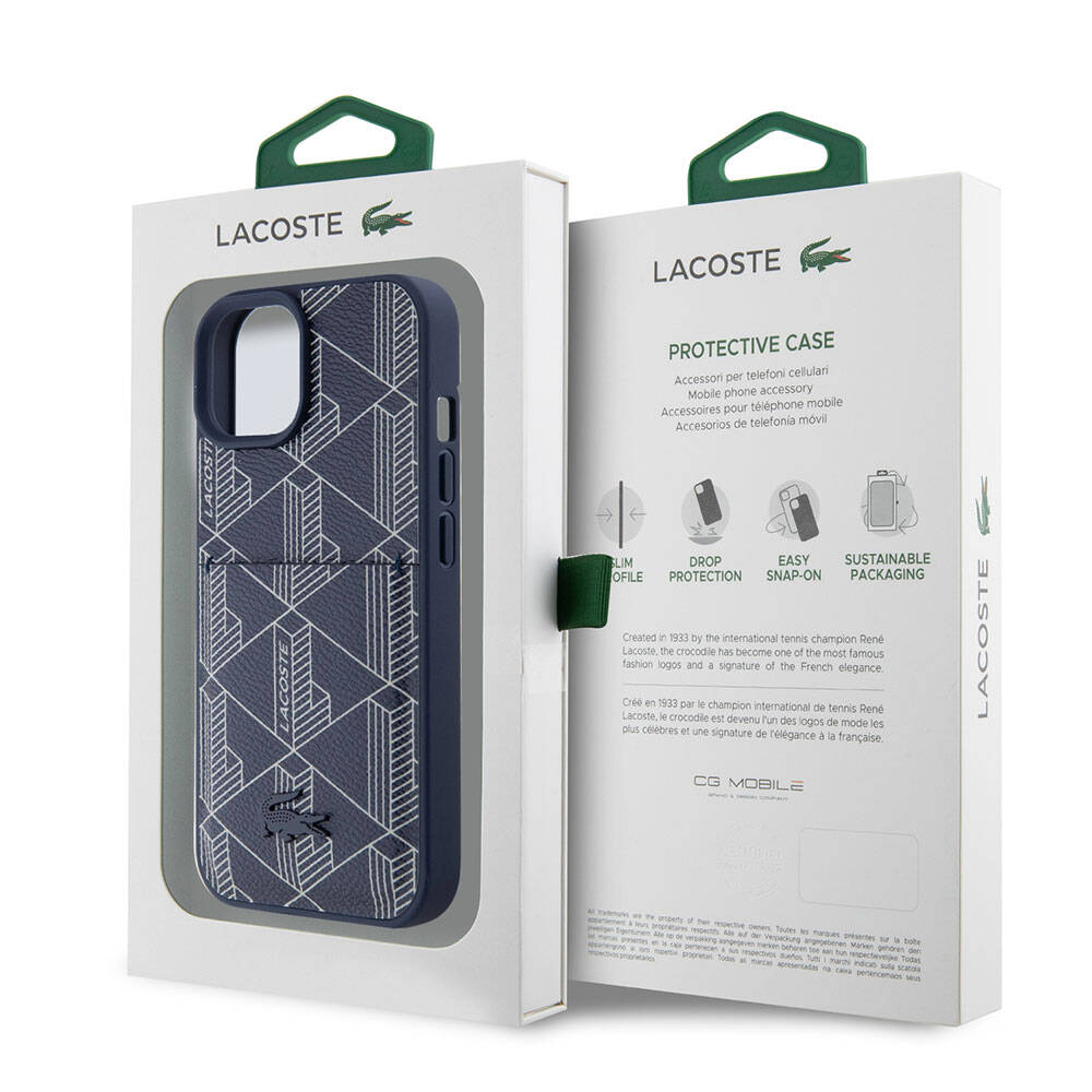 iPhone 15 Kılıf Lacoste Orijinal Lisanslı M-safe Şarj Özellikli PU Deri Görünümlü Kartlıklı Karışık Monogram Desenli Kılıf